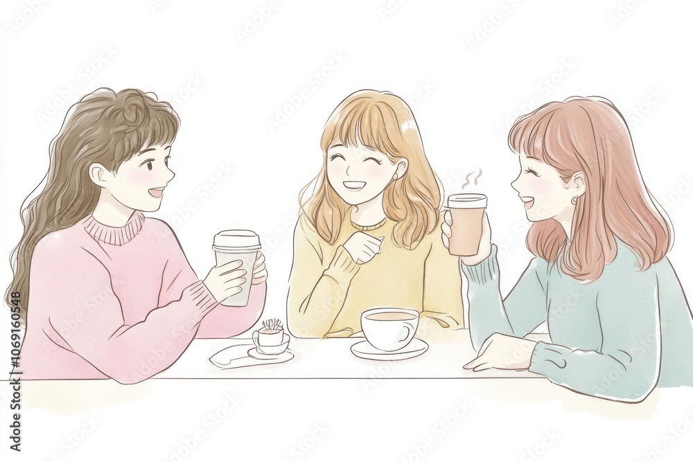 Hand-Drawn Vector of Friends Drinking Coffee and Talking, Flat Design with Bright Colors and White Space Hand-Drawn Vector of Friends Drinking Coffee and Talking, Flat Design with Bright Colors and White Space