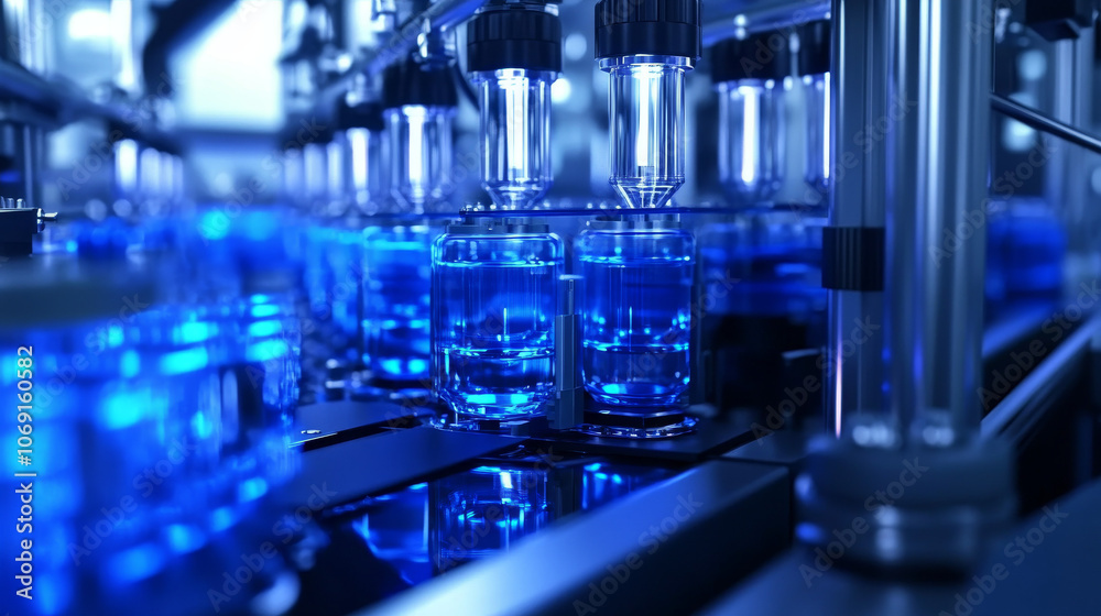 Quantum Frequency Converter Assembly Line: Blue-Hued CGI Rendering Quantum Frequency Converter Assembly Line: Blue-Hued CGI Rendering