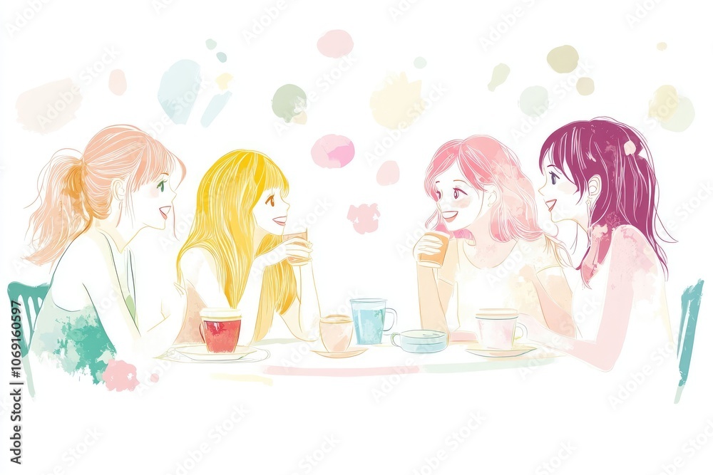 Hand-Drawn Vector of Friends Drinking Coffee and Talking, Flat Design with Bright Colors and White Space Hand-Drawn Vector of Friends Drinking Coffee and Talking, Flat Design with Bright Colors and White Space