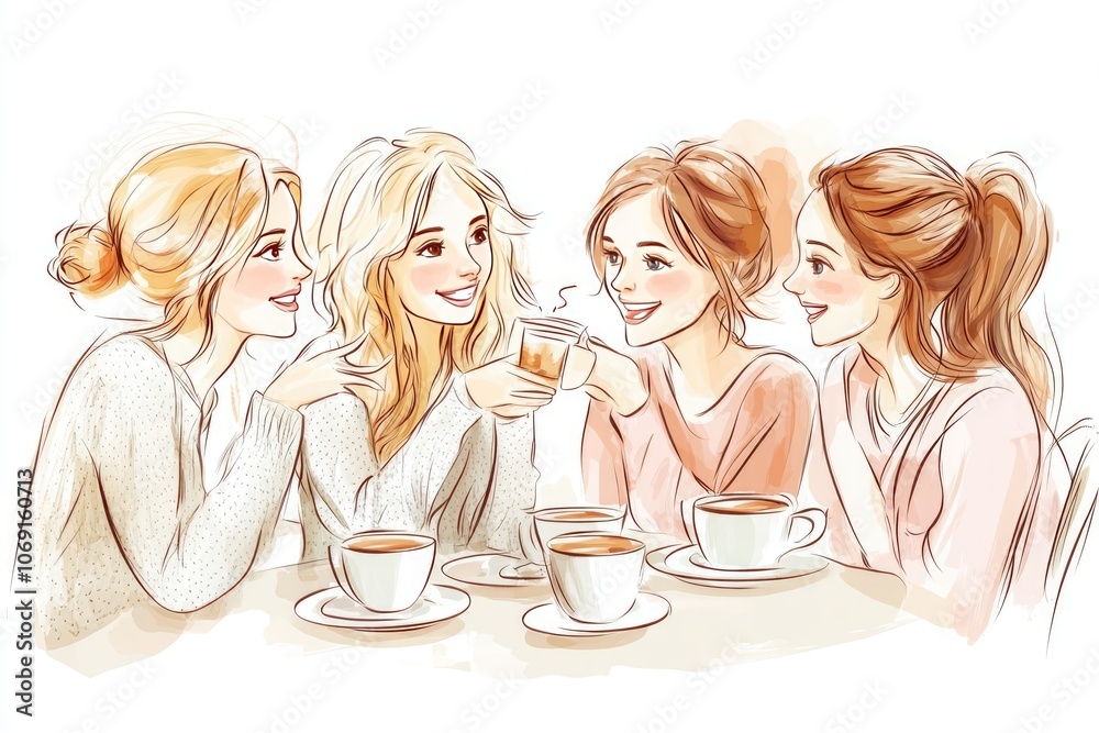 Hand-Drawn Vector of Friends Drinking Coffee and Talking, Flat Design with Bright Colors and White Space Hand-Drawn Vector of Friends Drinking Coffee and Talking, Flat Design with Bright Colors and White Space