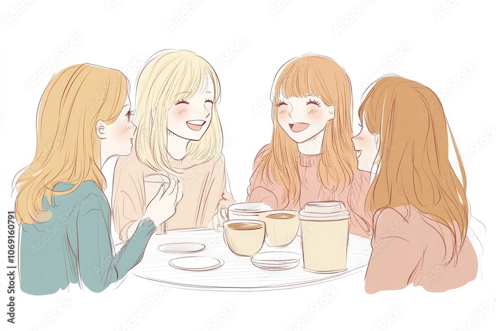 Hand-Drawn Vector of Friends Drinking Coffee and Talking, Flat Design with Bright Colors and White Space Hand-Drawn Vector of Friends Drinking Coffee and Talking, Flat Design with Bright Colors and White Space