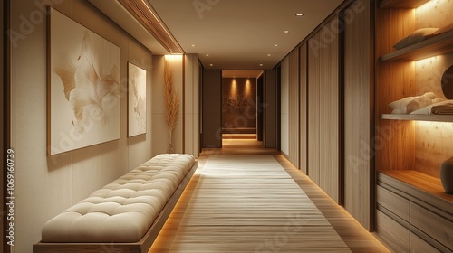 Modern minimalist hallway interior design with warm lighting