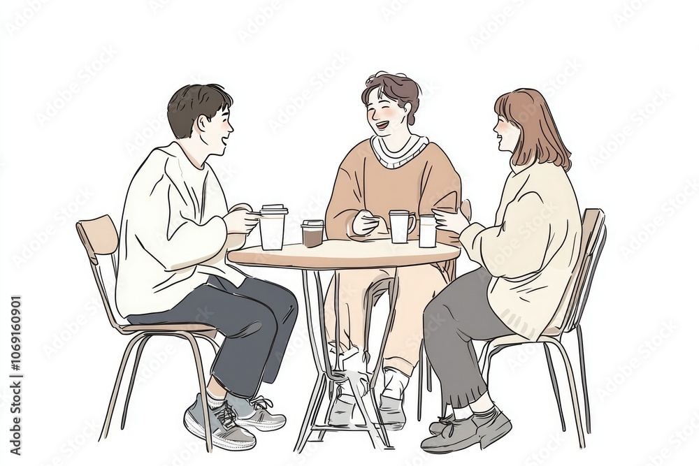 Fototapeta premium Hand-Drawn Vector of Friends Drinking Coffee and Talking, Flat Design with Bright Colors and White Space