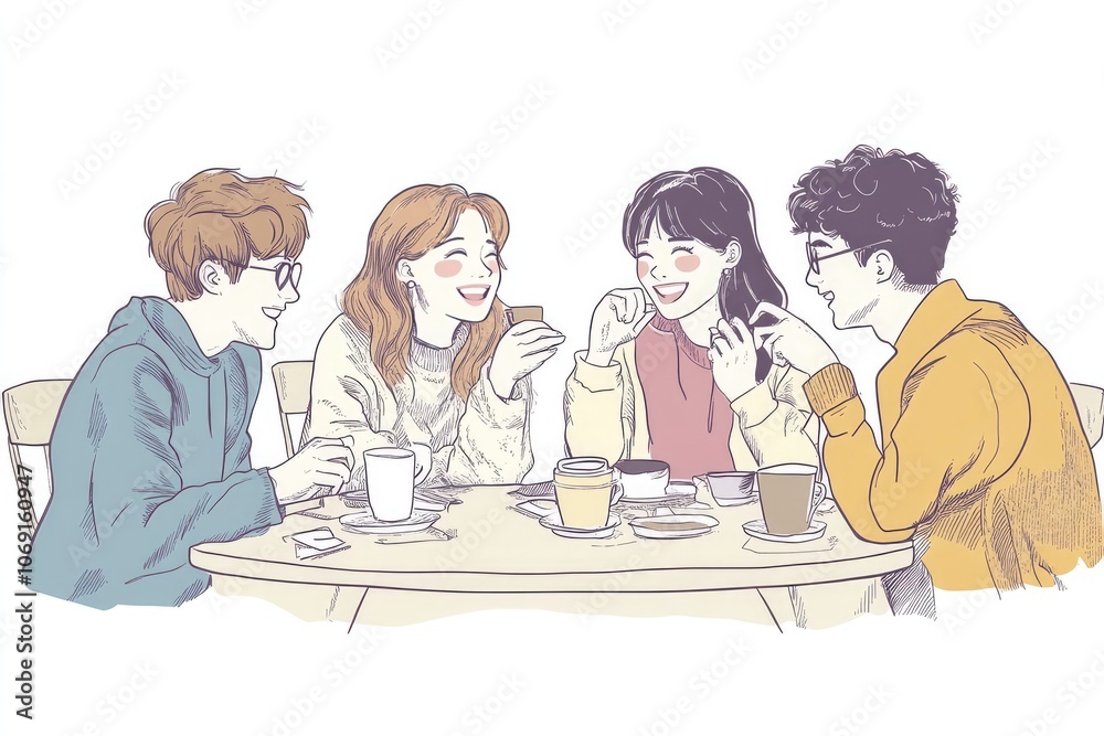 Hand-Drawn Vector of Friends Drinking Coffee and Talking, Flat Design with Bright Colors and White Space Hand-Drawn Vector of Friends Drinking Coffee and Talking, Flat Design with Bright Colors and White Space