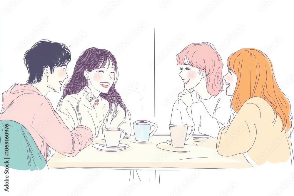 Hand-Drawn Vector of Friends Drinking Coffee and Talking, Flat Design with Bright Colors and White Space Hand-Drawn Vector of Friends Drinking Coffee and Talking, Flat Design with Bright Colors and White Space