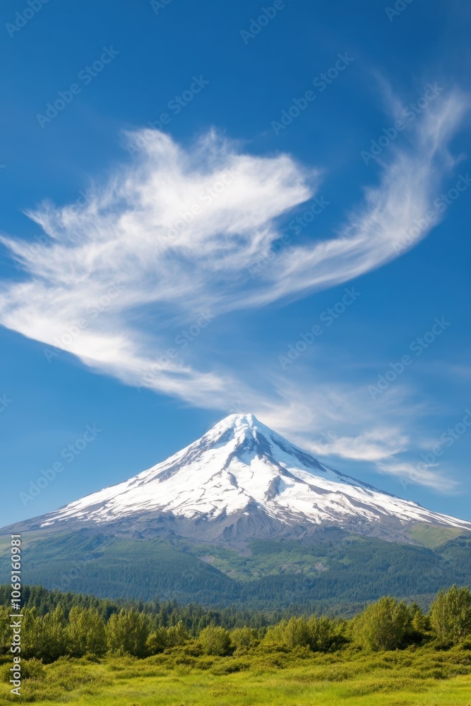 Majestic snow-capped mountain peak against a blue sky with wispy clouds Majestic snow-capped mountain peak against a blue sky with wispy clouds
