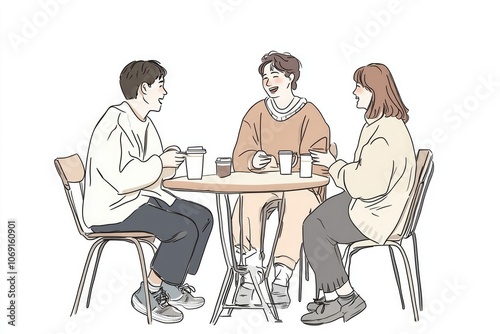 Hand-Drawn Vector of Friends Drinking Coffee and Talking, Flat Design with Bright Colors and White Space
