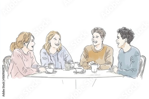 Hand-Drawn Vector of Friends Drinking Coffee and Talking, Flat Design with Bright Colors and White Space