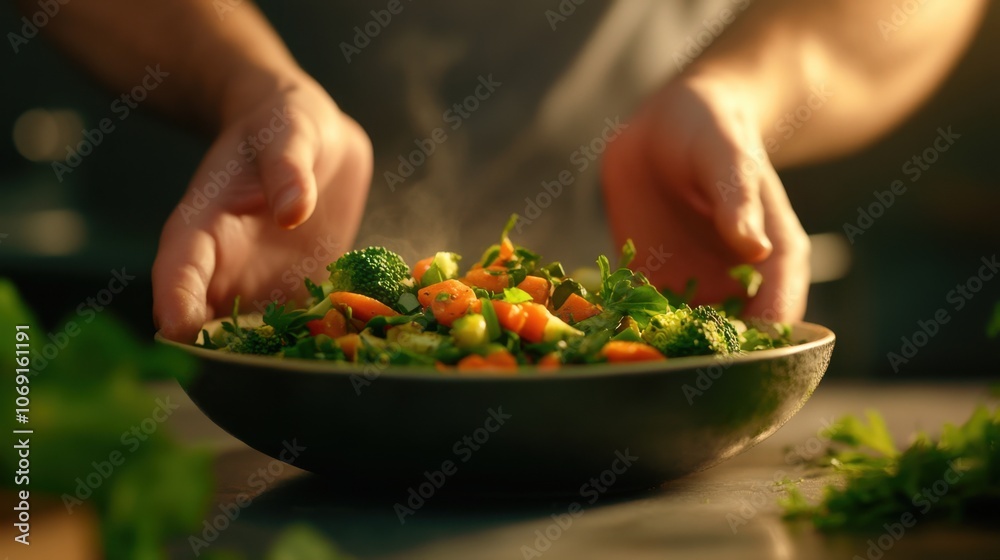 Hands holding a bowl of fresh, colorful vegetable salad