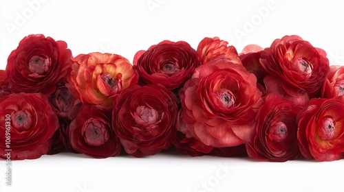 A cluster of red ranunculus flowers with yellow centers, arranged in a row on a white background.