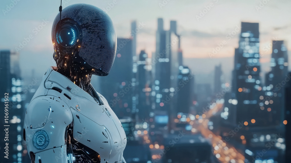 Futuristic Robot Cityscape: AI, Cyborg, 3D Rendering, Technology, Background Futuristic Robot Cityscape: AI, Cyborg, 3D Rendering, Technology, Background