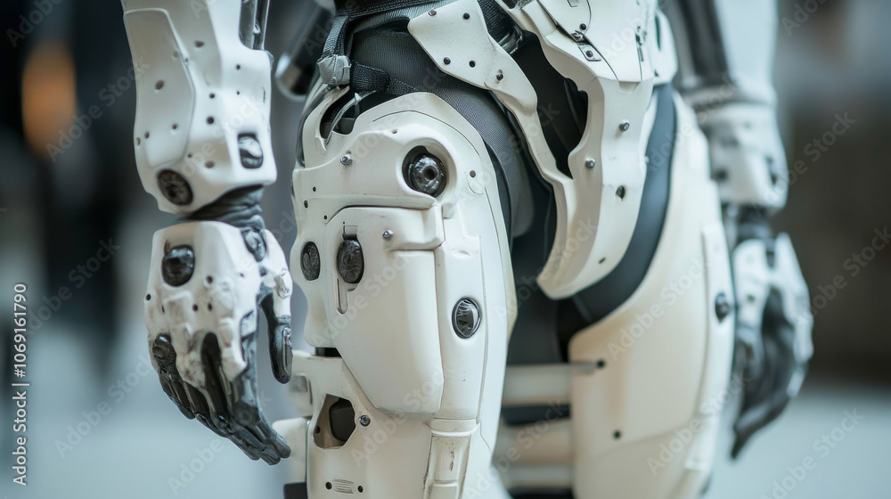 Fototapeta premium Exoskeleton Power Suit: Robotic Joints, Futuristic Design, White Armor, Mechanical Engineering
