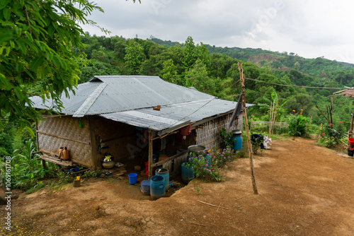 Adivasi homesteads on either side of the Bandarban hilly road. Tribal accommodation. Bandarban hill region is a tourist spot in Bangladesh. 