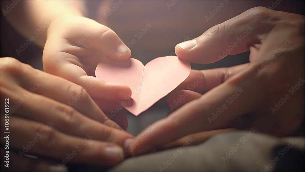 Obraz premium Hands holding paper heart shape for World Kindness Day, Autism support, foster care, homeless support, World Mental Health Day, family cutout