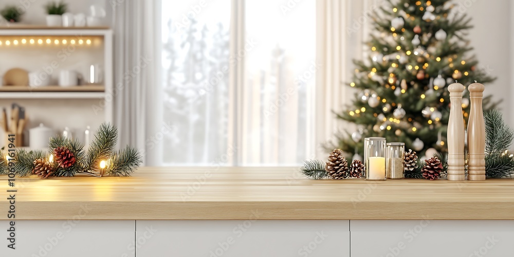 Naklejka premium Christmas Decorated Kitchen Countertop with Pinecones and Candles for a Cozy Winter Ambiance : Generative AI