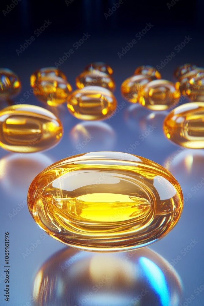 Close Up, Reflective Surface. Multiple Gold, Shiny, Transparent Gel Capsules, One Highlighted. Close Up, Reflective Surface. Multiple Gold, Shiny, Transparent Gel Capsules, One Highlighted.