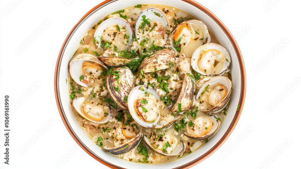 A bowl of clams garnished with herbs, showcasing a delicious seafood dish.