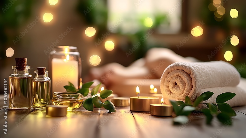 Relaxing Spa Ambiance with Candles Essential Oils and Soft Towels : Generative AI Relaxing Spa Ambiance with Candles Essential Oils and Soft Towels : Generative AI