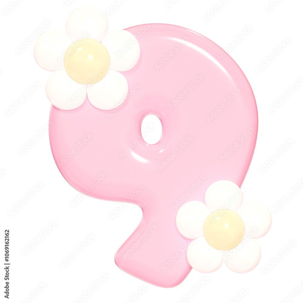 3D Cute Glossy Pink Number 9 Illustration with flower 3D Cute Glossy Pink Number 9 Illustration with flower