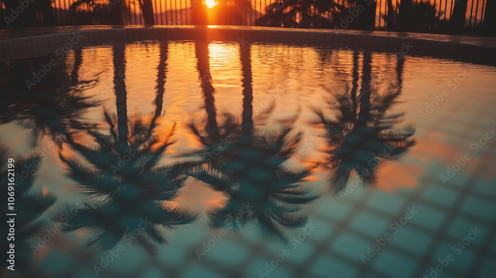 The breathtaking reflection of a sunset on the surface of a swimming pool