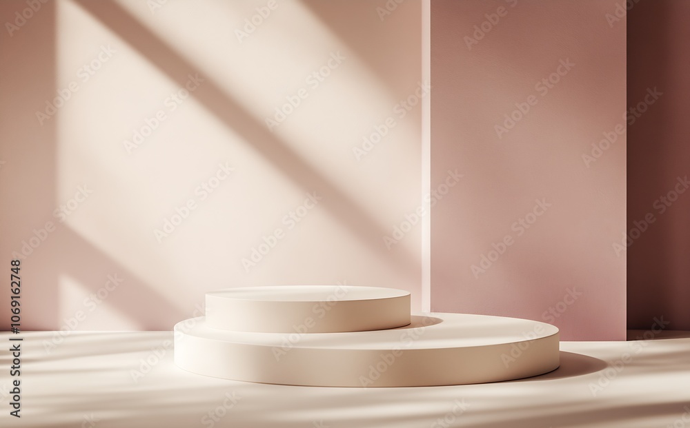 Abstract Minimalistic Podium Display in Soft Pink and Cream Tones with Light Shading : Generative AI