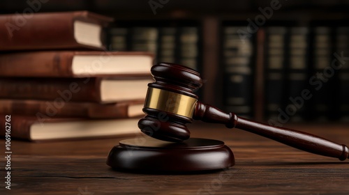 A wooden gavel rests on a desk beside stacked law books, symbolizing justice and legal proceedings.