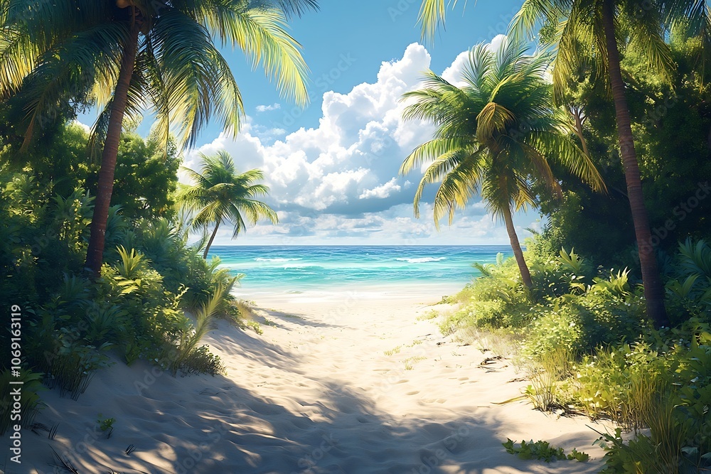 Obraz premium Palm Trees and Lush Foliage Frame Sunny Beach Pathway
