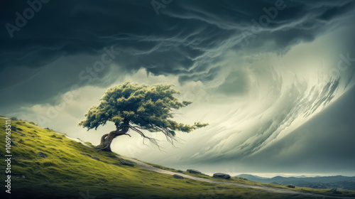 A solitary tree stands resilient on a windswept hill, defying the looming storm above. This powerful image portrays themes of endurance and solitude in nature. photo