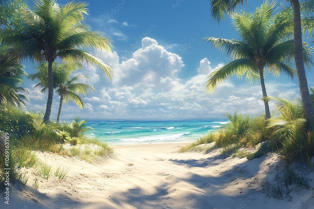 Obraz premium Palm Trees and Turquoise Sea on a Sunny Beach Path