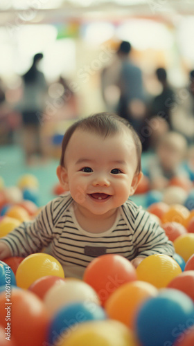 Cute infant is happily playing in a ball pit, surrounded by vibrant plastic balls and smiling