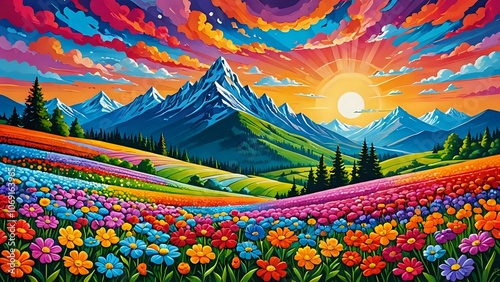 A beautiful mountain landscape with colorful flowers in the foreground, a vibrant sunrise, and a clear blue sky.