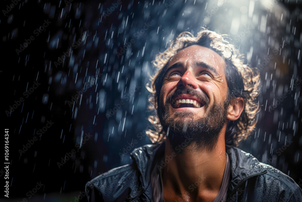 A gleeful man gazes upward, smiling gratefully as rain cascades around him, embodying a sense of refreshment, freedom, and joyous surrender. A gleeful man gazes upward, smiling gratefully as rain cascades around him, embodying a sense of refreshment, freedom, and joyous surrender.