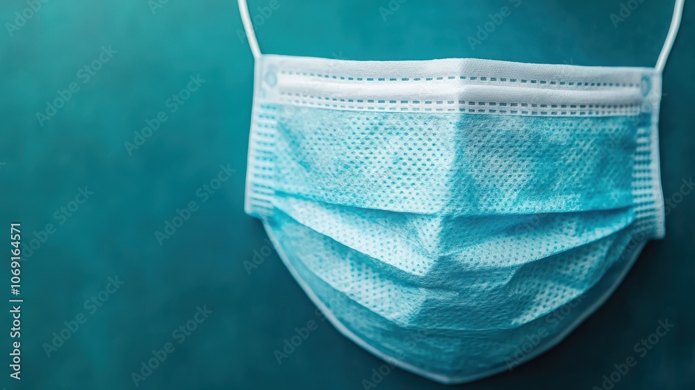 A close-up of a disposable blue surgical mask hanging against a soft, teal background, symbolizing health and safety in medical settings. A close-up of a disposable blue surgical mask hanging against a soft, teal background, symbolizing health and safety in medical settings.