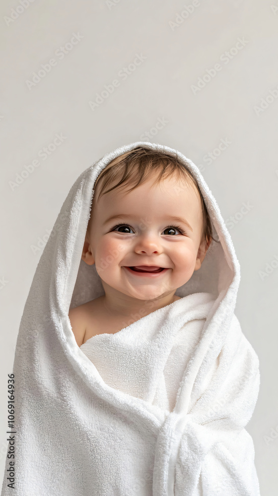 Cute infant smiles as they are swaddled in a cozy white towel following a bath Cute infant smiles as they are swaddled in a cozy white towel following a bath
