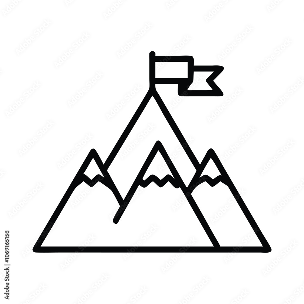 Mountain Icon with Flag on Peak, Simple black outline of a mountain with a flag on the peak, representing achievement, exploration, and adventure, perfect for outdoor and goal-oriented themes.
Mountain Icon with Flag on Peak, Simple black outline of a mountain with a flag on the peak, representing achievement, exploration, and adventure, perfect for outdoor and goal-oriented themes.