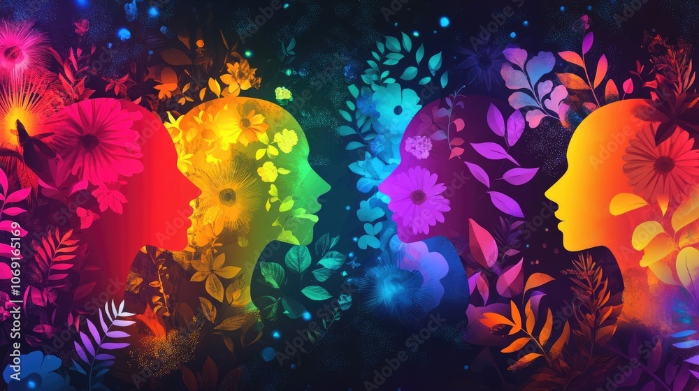 Modern Flat Design of People with Abstract Heads and Floral Elements, Mental Health and Well-Being Theme