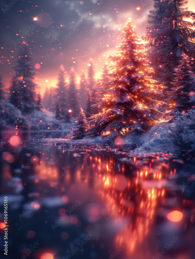 Enchanted Christmas Tree by the Frozen Lake