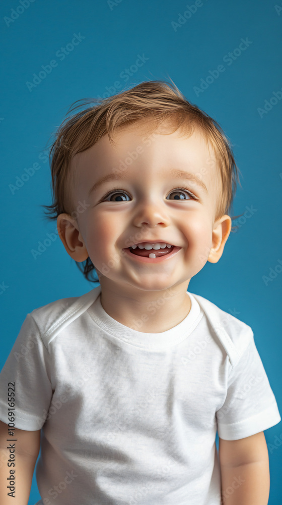 Joyful baby boy posing in white t-shirt on blue background with big smile Joyful baby boy posing in white t-shirt on blue background with big smile
