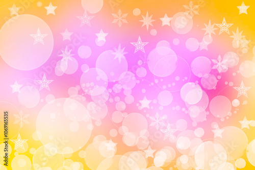 A festive abstract delicate Happy New Year or Christmas background texture with colorful gold yellow pink blurred bokeh lights and stars. Space for design. Card concept or advertising.