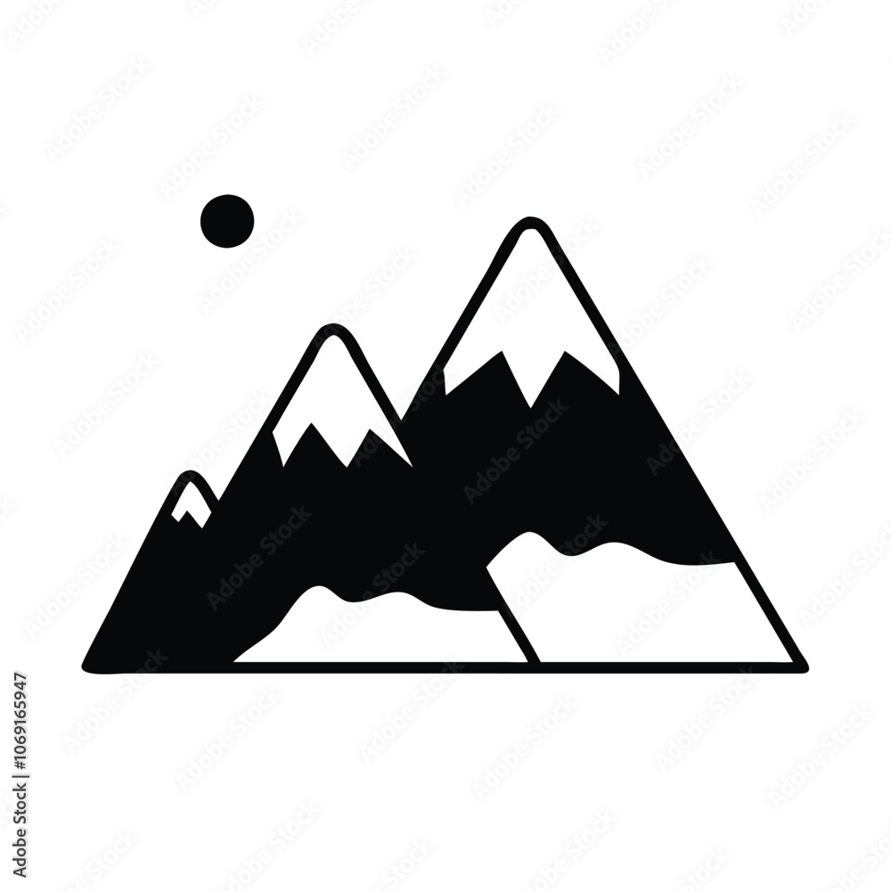 Mountain Range Icon with Sun in Black and White, Black and white illustration of a mountain range with snow caps and a sun, symbolizing nature, adventure, and outdoor exploration, ideal for minimalist Mountain Range Icon with Sun in Black and White, Black and white illustration of a mountain range with snow caps and a sun, symbolizing nature, adventure, and outdoor exploration, ideal for minimalist