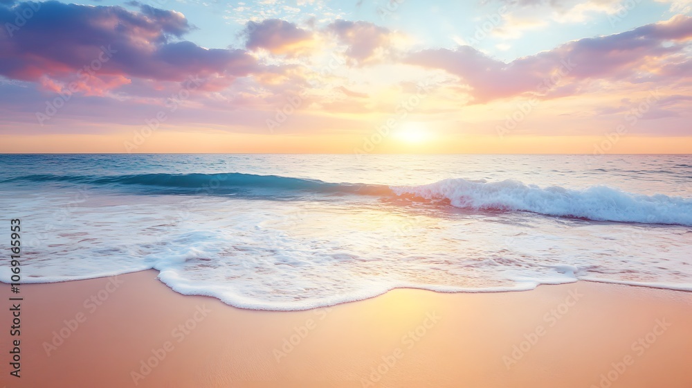 A tranquil beach at sunset with golden sand and gentle waves lapping the shore A tranquil beach at sunset with golden sand and gentle waves lapping the shore