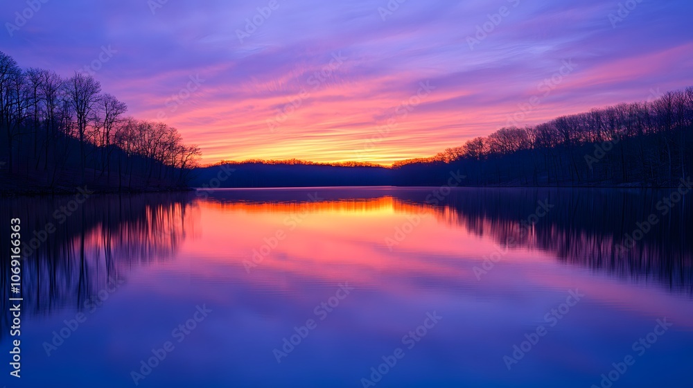 A tranquil lake at sunset features reflections of a colorful sky shimmering on the water's surface, creating a serene and picturesque scene. A tranquil lake at sunset features reflections of a colorful sky shimmering on the water's surface, creating a serene and picturesque scene.