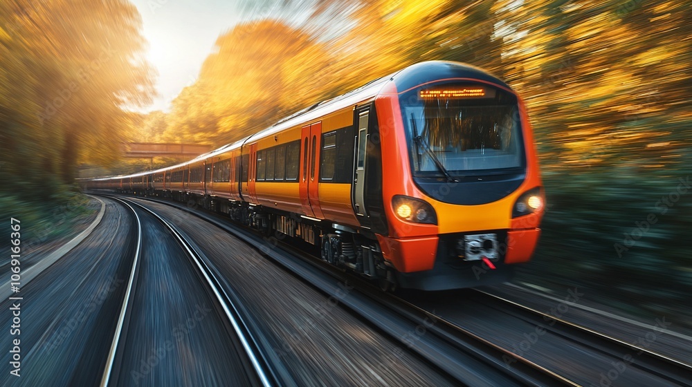Naklejka premium A high-speed train speeding through a scenic autumn forest with blurred motion effect.
