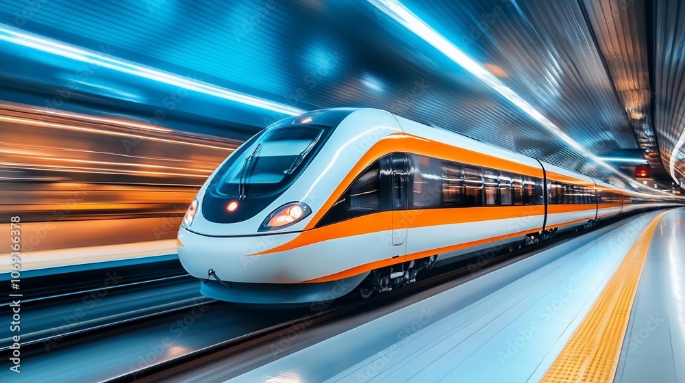 A modern high-speed train zips through a subway station, leaving streaks of light in its wake. A modern high-speed train zips through a subway station, leaving streaks of light in its wake.