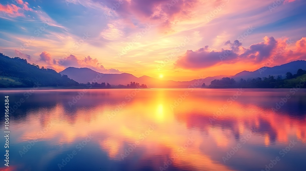 A tranquil lake at sunset features reflections of a colorful sky shimmering on the water's surface, creating a serene and picturesque scene. A tranquil lake at sunset features reflections of a colorful sky shimmering on the water's surface, creating a serene and picturesque scene.