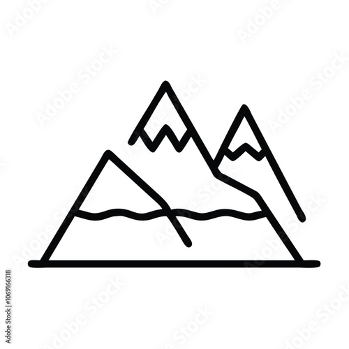 Mountain Outline Icon for Adventure and Outdoors, Minimalist black outline of a mountain range, representing nature, exploration, and adventure, ideal for outdoor, travel, and hiking themes.
