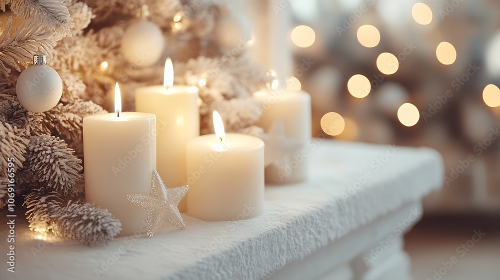Elegant white candles with star ornaments and bokeh background : Generative AI Elegant white candles with star ornaments and bokeh background : Generative AI
