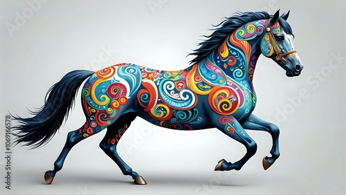 A colorful horse with swirling patterns and a flowing mane against a white background. photo