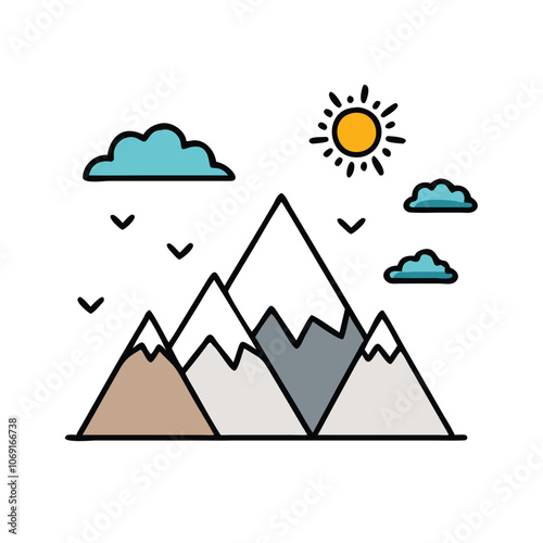 Mountain Icon with Sun and Cloud, Illustration of mountains with a sun and cloud, representing nature, adventure, and outdoor exploration, ideal for travel and scenic themes.
