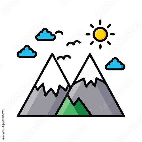 Mountain Landscape Icon with Sun and Trees, Colorful illustration of a mountain landscape with sun, clouds, and pine trees, symbolizing nature, adventure, and outdoor exploration, ideal for travel the